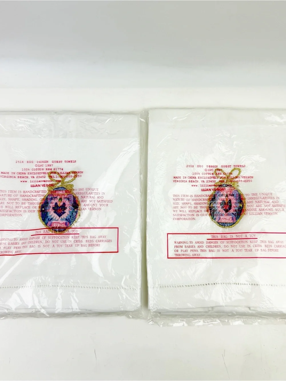 FOUR Vintage Lillian Vernon Easter Egg Guest Towels 1997 Embroidered Cotton New